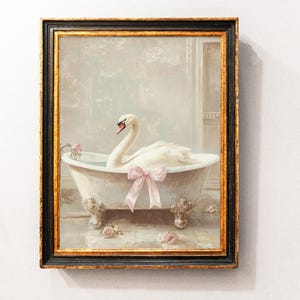 Impresión de cisne con lazo rosa en la bañera, póster de cisne, decoración divertida para la pared del baño, pintura artística de cisne, póster de cisne, arte de pared para el baño