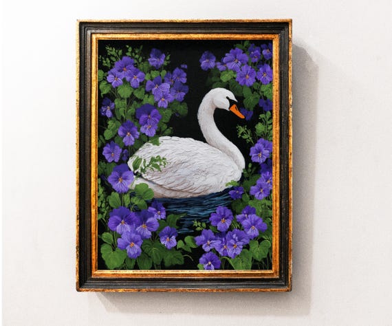 Arylic Swan Wall Art Print, Vintage Farmhouse Bird Decor, Violet Flower Swan Painting, Natural Animal Art, Cottagecore Decor