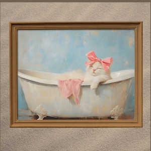 Impresión de gato con lazo rosa en la bañera, póster de gato divertido, decoración de pared para baño, impresión de gato lindo, arte de pared para baño, póster de bañera