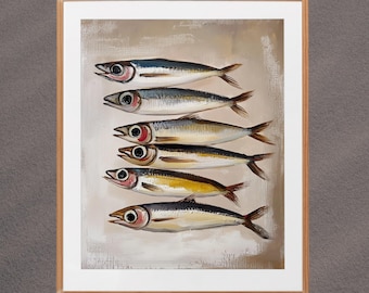 Sardines Painting Wall Art Print ,  Still Life  Antique Fish Wall Art, Fish Wall Print, Wall Decor for Fish Kitchens, Nautical Fish Home Art