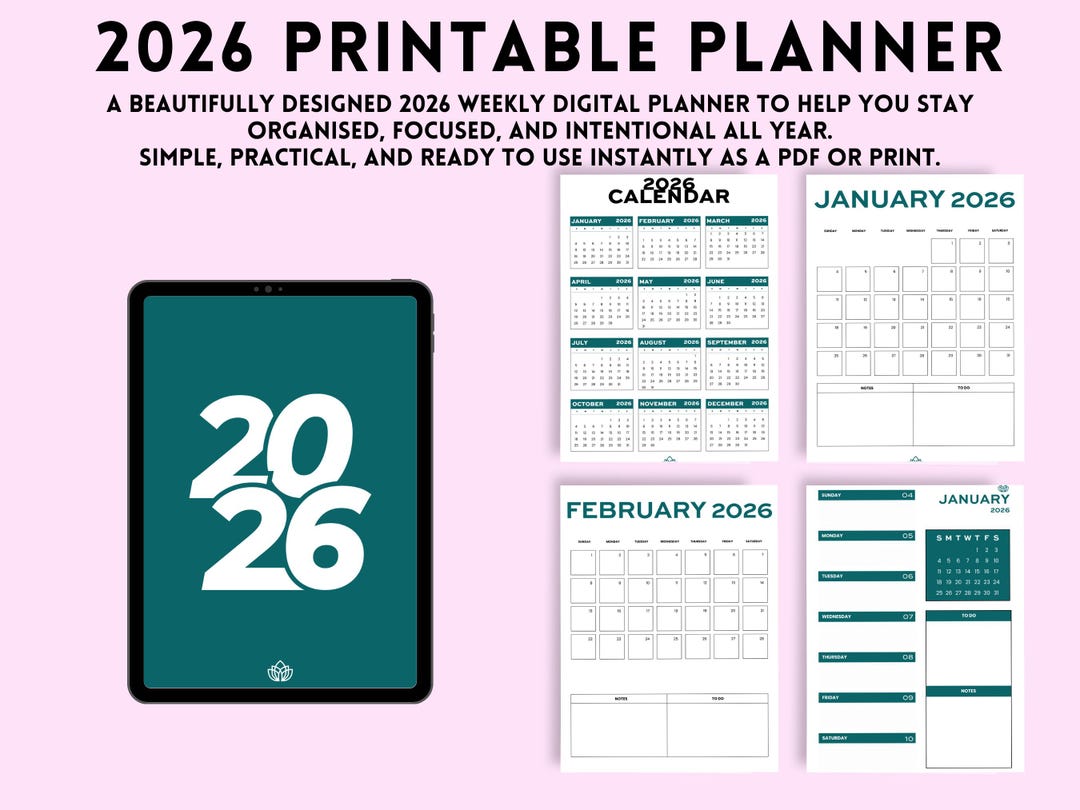 2026 Teal Digital Planner PDF | Printable Planner | Instant Download