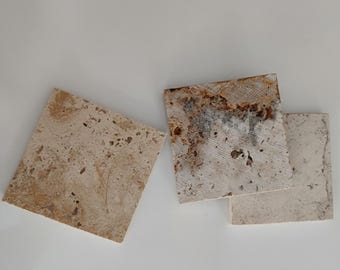 Beige Travertine Marble Coaster Set (3 Pieces): 10*10*1cm - 4*4*0.4 inches , unique pieces with natural black transitions