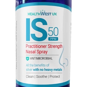 May include: A blue bottle of Practitioner Strength Nasal Spray with a white cap and a silver tick. The bottle has the text "IS 50 PPM" and "ANTIMICROBIAL" on it. The bottle also has the text "All the benefits of silver with no heavy metals" and "Clean | Soothe | Protect".