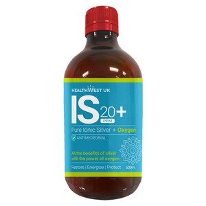 May include: A brown glass bottle with a red cap labelled "HEALTHWEST UK IS20+ PPM Pure Ionic Silver + Oxygen ☑ ANTIMICROBIAL All the benefits of silver with the power of oxygen Restore | Energise | Protect 500ml"