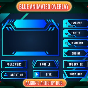 Animated Blue Twitch Overlay Package - Comprehensive Stream Overlay Pack With Cool Animations - Includes Twitch Panels And Animated Overlay.
