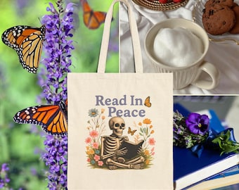 Canvas Tote Bag Read In Peace Skeleton Design Natural or Black