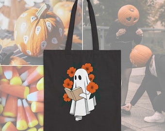 Canvas Tote Bag Floral Ghost Reading Book Design Natural or Black