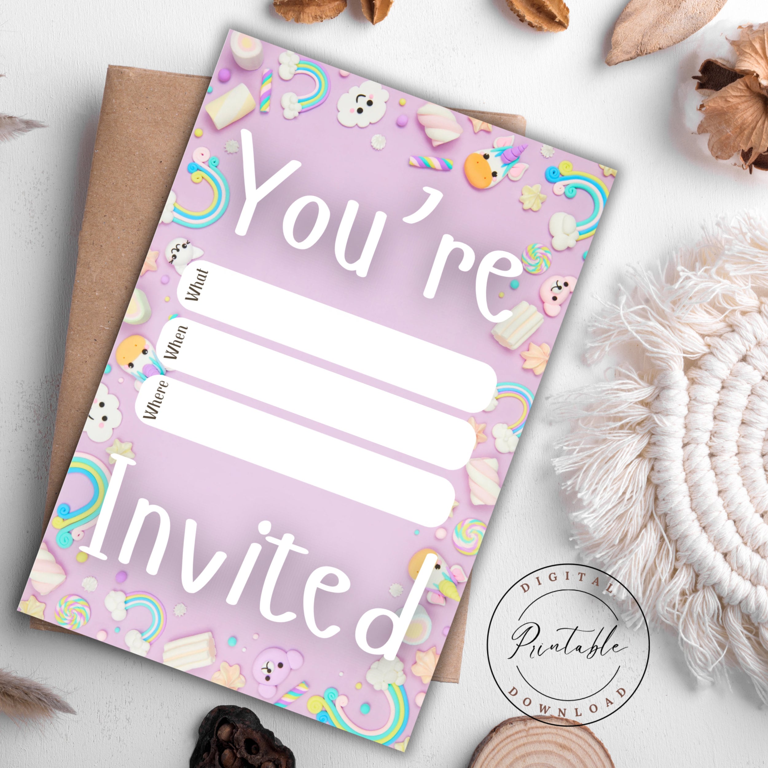 Unicorn and Rainbows Theme Printable Party Invitation, You're Invited Fill-in Postcard for ...