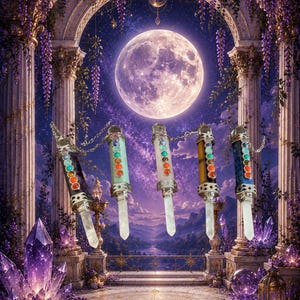 Peut inclure: Cinq pendentifs cylindriques ornés de sept petites pierres de chakra colorées disposées verticalement. Chaque pendentif est surmonté d'un embout en métal argenté et se termine par une pointe en cristal clair, suspendu par une fine chaîne argentée.