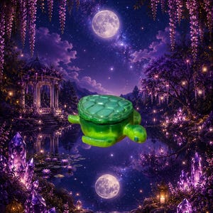 Peut inclure: Une petite boîte à bijoux en forme de tortue verte avec un couvercle à carapace texturée. La tortue présente une finition lisse et brillante, représentée en position flottante sur un fond violet vibrant avec une pleine lune et des cristaux.