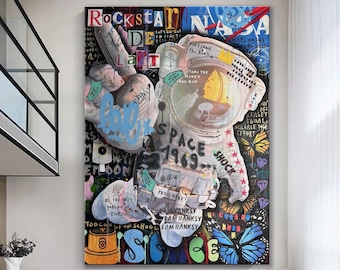 Banksy Astronaut Canvas Print, Graffiti Pop Art, Blue Butterfly