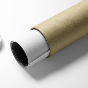 May include: A rolled-up poster or print is being shipped in a brown cardboard tube. The tube is partially unrolled, revealing a white canvas-like surface.