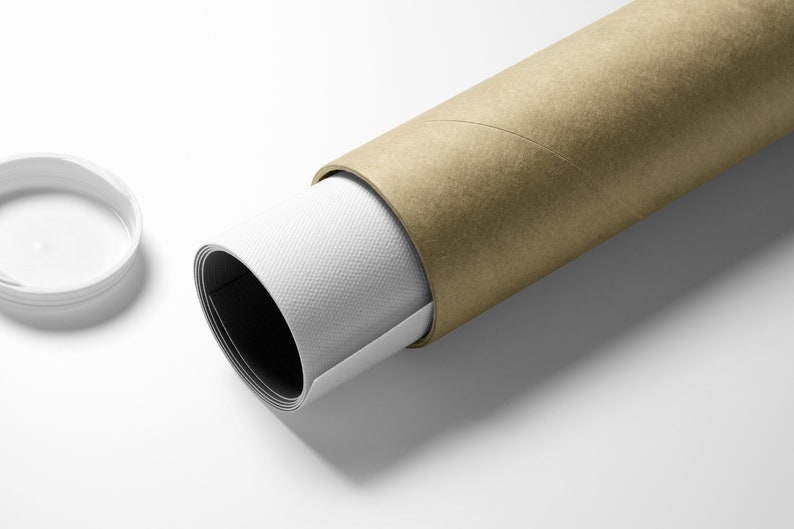 May include: A rolled-up poster or print is being shipped in a brown cardboard tube. The tube is partially unrolled, revealing a white canvas-like surface.