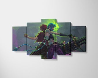 Può includere: Una stampa su tela multi-pannello con due personaggi di un videogioco. I personaggi sono una donna con i capelli blu e un uomo con i capelli rossi. La donna tiene una grossa pistola e l'uomo tiene una corda blu. Lo sfondo è verde scuro e viola.