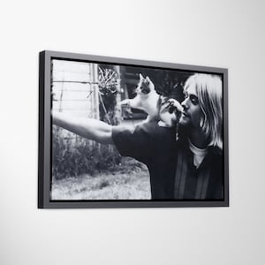 Kurt Cobain Cat canvas, zwart-witfotografie, muziekkunst aan de muur