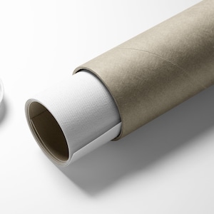 May include: A white canvas print rolled up and stored in a brown cardboard tube with a white plastic end cap.