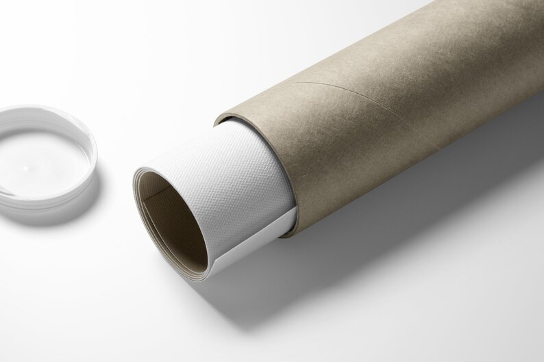 May include: A white canvas print rolled up and stored in a brown cardboard tube with a white plastic end cap.
