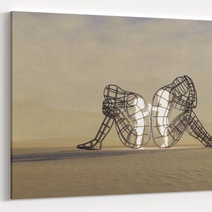 May include: Two abstract metal sculptures of people sitting back to back, with their heads bowed. The sculptures are made of thin metal rods and are illuminated from within, creating a glowing effect.