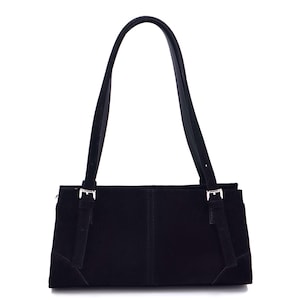 Schwarze Öko-Wildledertasche, Trendy Schultertasche mit langen Trägern, Damen Schultergurttasche, Tasche für Frauen, kleine Tasche, Muttertagsgeschenk, Taschengeschenk