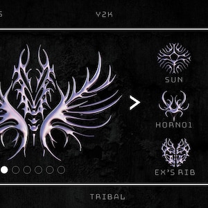 May include: A digital illustration of a tribal-style design with chrome accents. The design is made up of intricate lines and shapes, and it has a futuristic feel. The image is labeled "24 Shapes" and "Y2K".