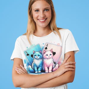 Maglietta divertente con gatto da poker - Regalo per lei Regalo per lui Maglietta rosa e blu con carte da gioco