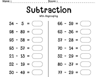 Subtraction with Regrouping (within 100) for 1st Grade-2nd Grade Math. Subtraction Worksheets
