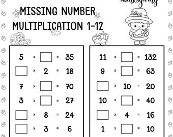 Thanksgiving Missing Number Multiplication Practice | Facts 1–12 | 3rd-5th Grade