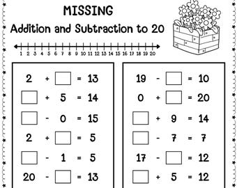 50 Printable Spring Missing Addends and Subtrahend to 20 | Math Worksheets | K - 2nd Grade