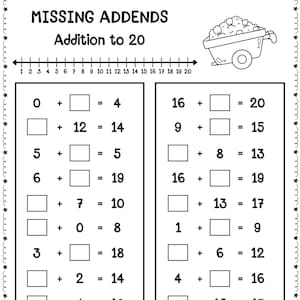 50 ajouts de printemps manquants à la liste 20 | Feuilles de calcul sur les additions | Maternelle - Mathématiques 2e année