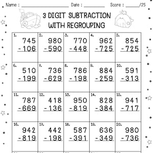 Hojas de trabajo de resta de 3 dígitos con reagrupación / Práctica de matemáticas imprimible para niños