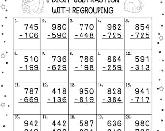 3 Digit Subtraction with Regrouping Worksheets | Printable Math Practice for Kids