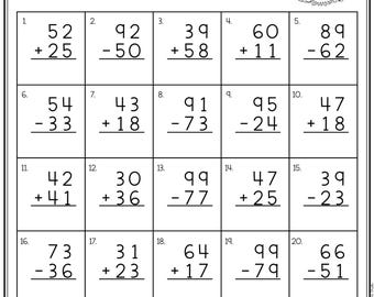 50 Printable Addition and Subtraction Within 100 Worksheets With and Without Regrouping