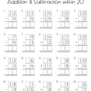 May include: A black and white educational worksheet titled Addition & Subtraction within 20, featuring twenty numbered math problems with empty boxes for answers, blank lines for name and date, and the text Design by Chicky Chic Studio.