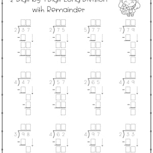 May include: A black and white educational worksheet titled 2 Digit by 1 Digit Long Division with Remainder. It features twelve math problems with empty boxes for answers, a Name and Date line, and a small illustration of a character holding a cupcake.