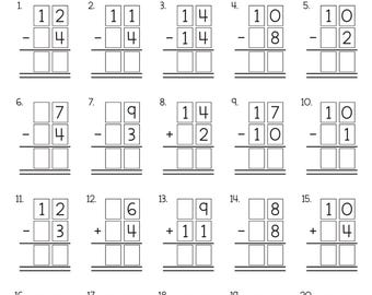 50 Printable Addition and Subtraction within 20 Worksheets | Vertical Math Practice 1st Grade (PDF)