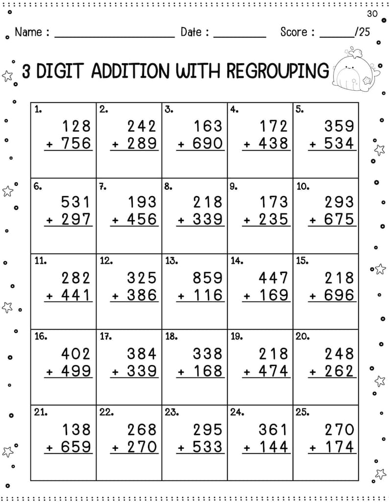 May include: A black and white worksheet with 25 math problems. The problems are 3-digit addition problems with regrouping. The worksheet is titled "3 DIGIT ADDITION WITH REGROUPING".