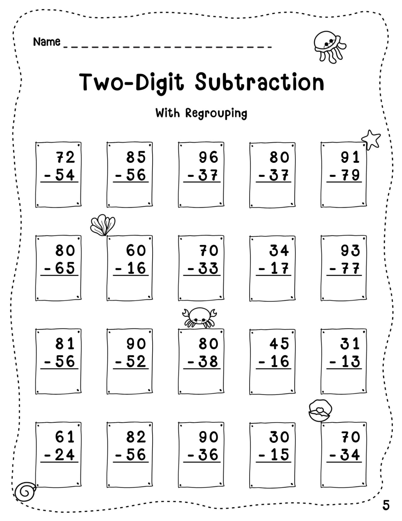 Two Digit Subtraction With Regrouping Within 100 Worksheets - Etsy