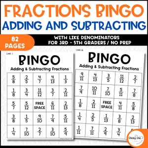 Könnte beinhalten: Ein Bruchrechnen-Bingo-Spiel für Schüler der 3. bis 5. Klasse, das sich auf das Addieren und Subtrahieren von Brüchen mit gleichen Nennern konzentriert. Das Spiel umfasst 82 Seiten und ist für den Unterricht oder zu Hause geeignet.