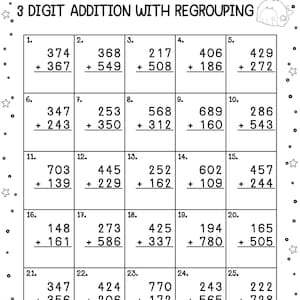 May include: A worksheet with 25 math problems for 3-digit addition with regrouping. Each problem is presented in a box with a number from 1 to 25. The problems are arranged in five rows of five problems each. The worksheet is titled "3 DIGIT ADDITION WITH REGROUPING".