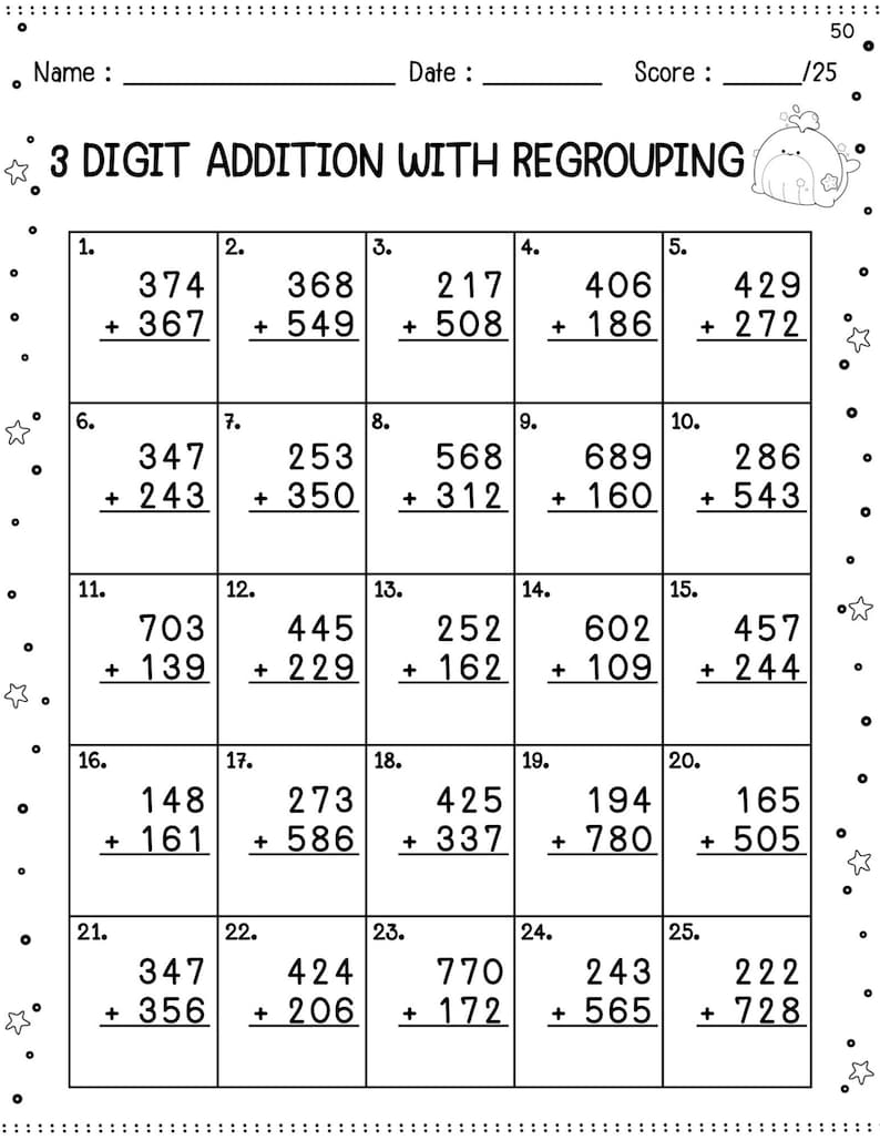 May include: A worksheet with 25 math problems for 3-digit addition with regrouping. Each problem is presented in a box with a number from 1 to 25. The problems are arranged in five rows of five problems each. The worksheet is titled "3 DIGIT ADDITION WITH REGROUPING".