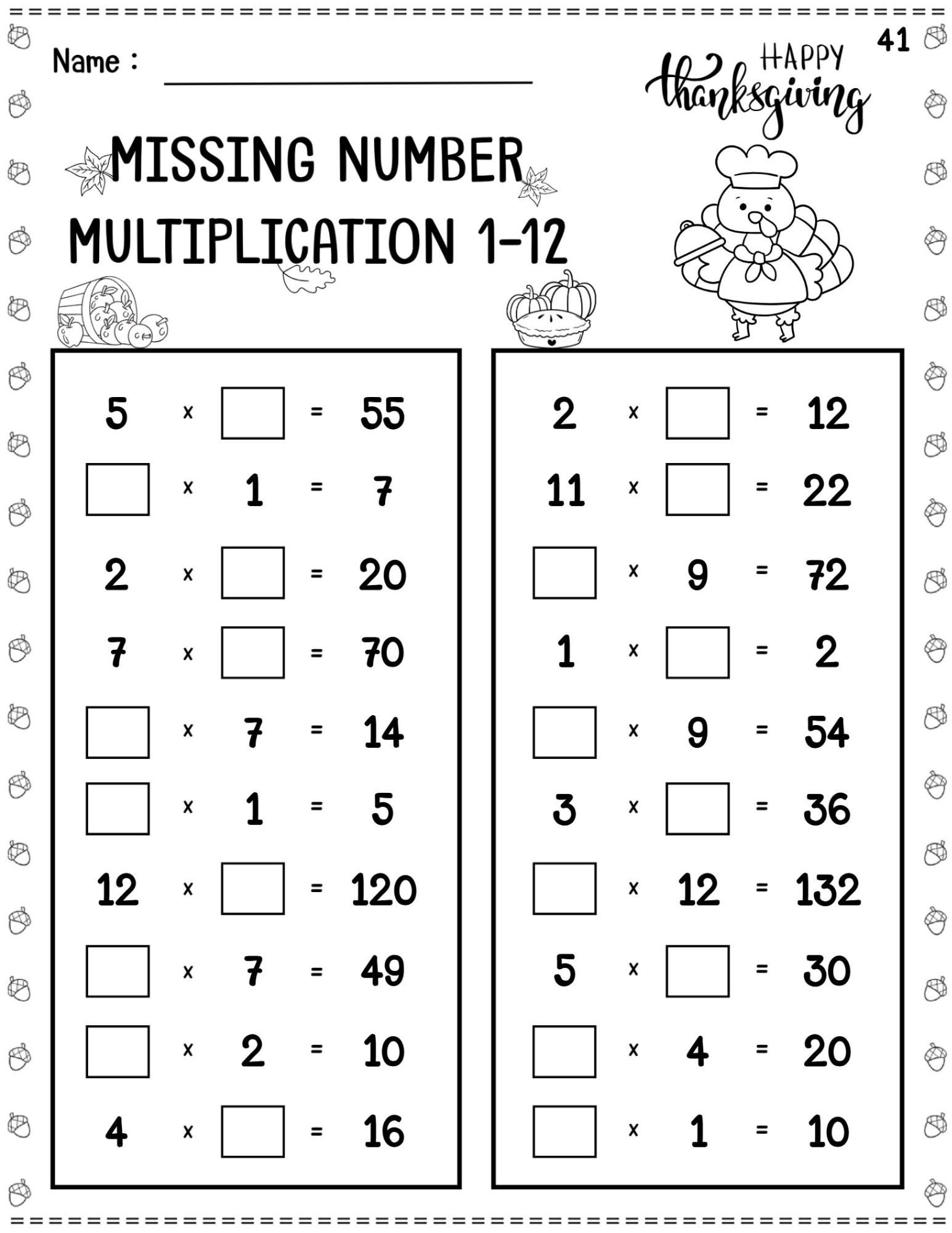 Thanksgiving Missing Number Multiplication Practice | Facts 1–12 | 3rd ...