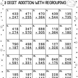 Addition à 3 chiffres avec regroupement de feuilles de calcul | Exercices mathématiques imprimables pour enfants