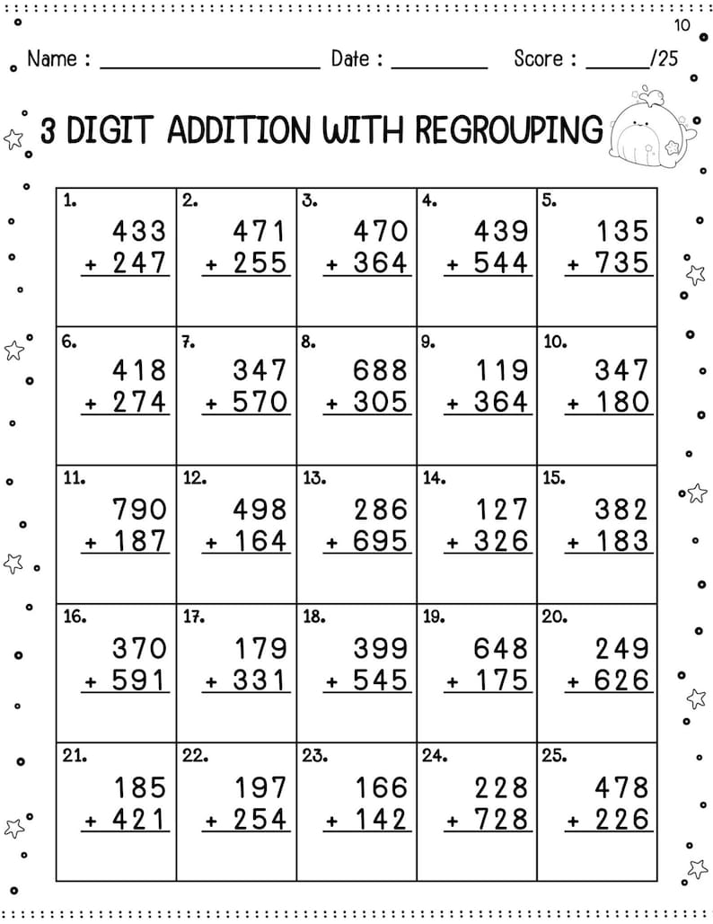 May include: A worksheet with 25 math problems for 3-digit addition with regrouping. The problems are arranged in a grid with 5 rows and 5 columns. Each problem has two numbers to be added together, with the sum written below. The worksheet is titled "3 DIGIT ADDITION WITH REGROUPING".