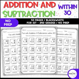 Puede incluir: Un conjunto de hojas de trabajo educativas tituladas Addition and Subtraction Within 30, que incluye 50 páginas en blanco y negro para 1º y 2º grado. Cada página contiene una cuadrícula de problemas matemáticos con ecuaciones para resolver.