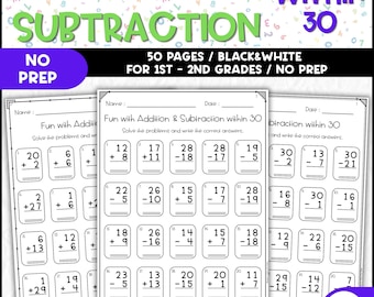 50 Printable Addition and Subtraction Within 30 Worksheets | 1st - 2nd Grade Math Practice