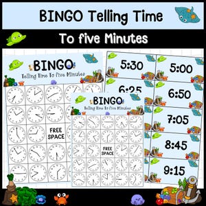 Gioco del Bingo per dire l&#39;ora - 5 minuti più vicini / Attività di pratica divertente per la seconda elementare