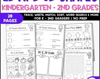 2D and 3D Shapes Worksheets | Trace, Match, Sort & Word Search | K-2nd Grade