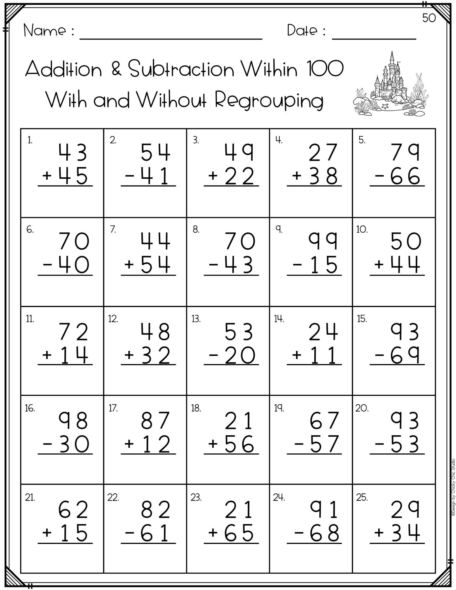 50 Printable Addition and Subtraction Within 100 Worksheets With and ...