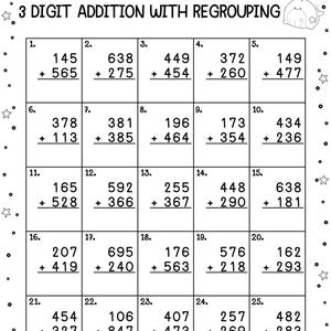 May include: A black and white worksheet with 25 math problems for 3-digit addition with regrouping. The problems are arranged in a grid with 5 rows and 5 columns. Each problem has two numbers to be added together, with a plus sign between them. The worksheet is titled "3 DIGIT ADDITION WITH REGROUPING".