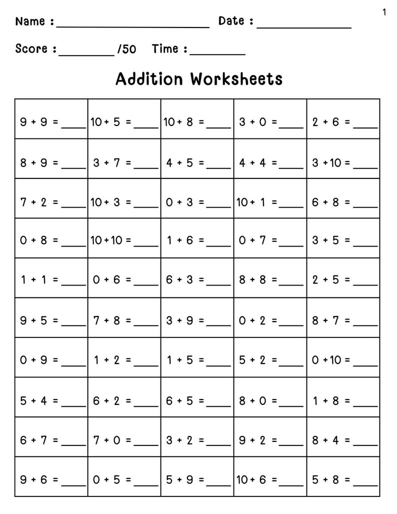 40 printable addition worksheets single double digit practice